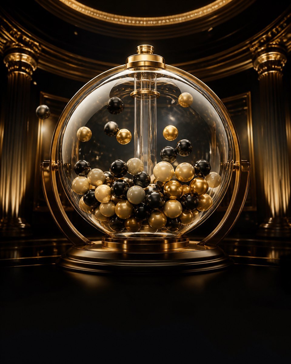 Premium glass lottery globe filled with black and gold balls