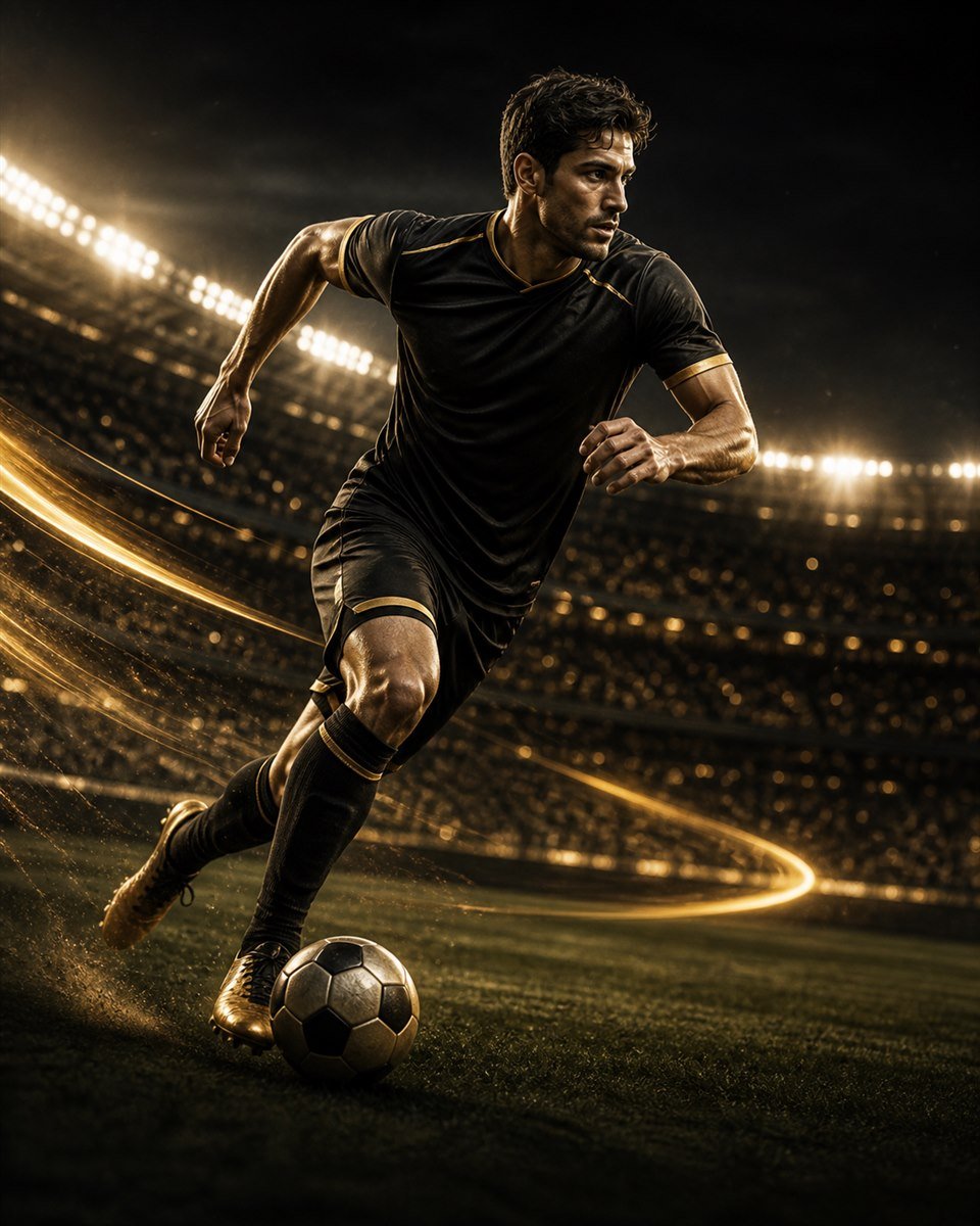 Football player in a dramatic black and gold stadium