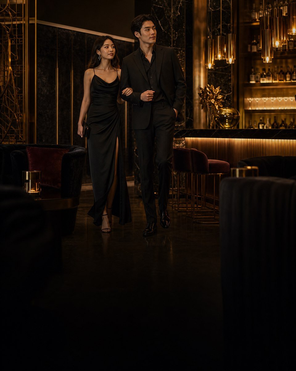 Elegant guests entering an exclusive black and gold VIP lounge